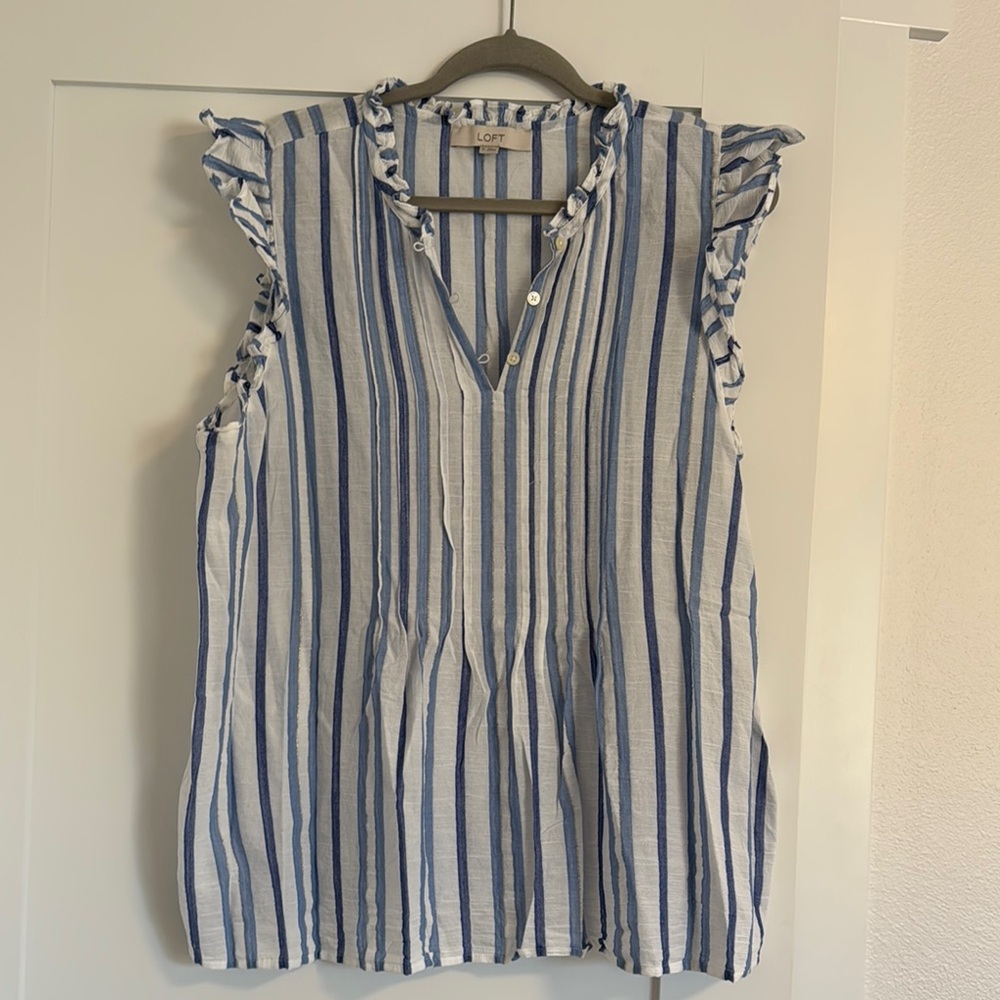LOFT White and Blue Ruffled Sleeveless Blouse
